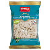 A 200g blue and gold Meray bag of unsalted, roasted pumpkin seeds, labeled as a healthy snack with English, German, and French text.